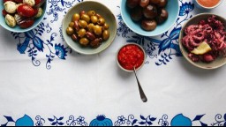 Overhead view of olives and antipasti