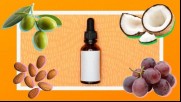 serum oil bottle, almonds, olives, grapes, coconut