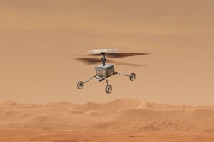 This illustration shows a concept for one of two NASA helicopters that would provide a secondary capability to pick up additional samples stashed on the surface on Mars by the Perseverance rover. (NASA/ESA/JPL-Caltech)