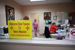 A sign welcoming patients from East Texas is displayed in the waiting area of the Women's Reproductive Clinic, which provides legal medication abortion services, in Santa Teresa, New Mexico, on June 15, 2022. (ROBYN BECK/AFP via Getty Images)