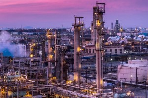 Aerial shot of a massive complex of oil refineries at the Port of Los Angeles. (Getty Images/halbergman)