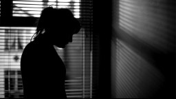 A silhouette of a woman near a window in a room