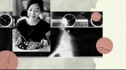 A collage of analog clocks and a woman eating a salad