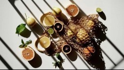 Overhead view of sliced citrus on a white table