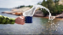 A person rinses a mug with water at a lake