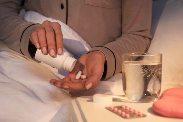 Woman taking pills before bed