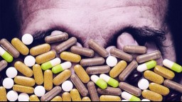 Various pills and medications are scattered in front of a man's face