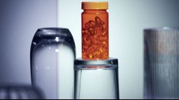 A bottle of vitamins sits on top of a water glass