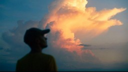 A man gazes at orange-tinted clouds in the sky