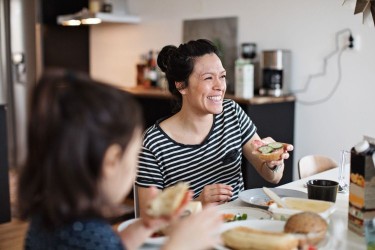 Mother and daughter eating breakfast together