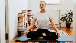 A woman with a shaved head practices yoga at home