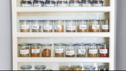 A variety of dry spices in glass jars on shelves