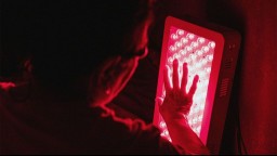 Closeup of older female oman touching Red Light Therapy Panel LEDs with hand