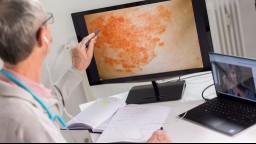 A doctor examines a psoriasis rash on a computer screen