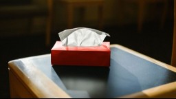 A table with a tissue box 